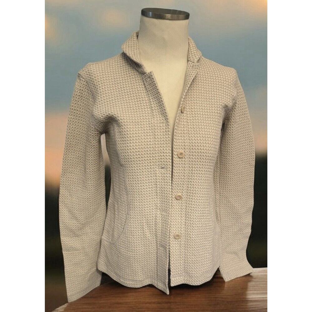 Eileen Fisher XS Beige Cream Italian Cotton Waffle Organic Coastal Shirt USA - Picture 2 of 15